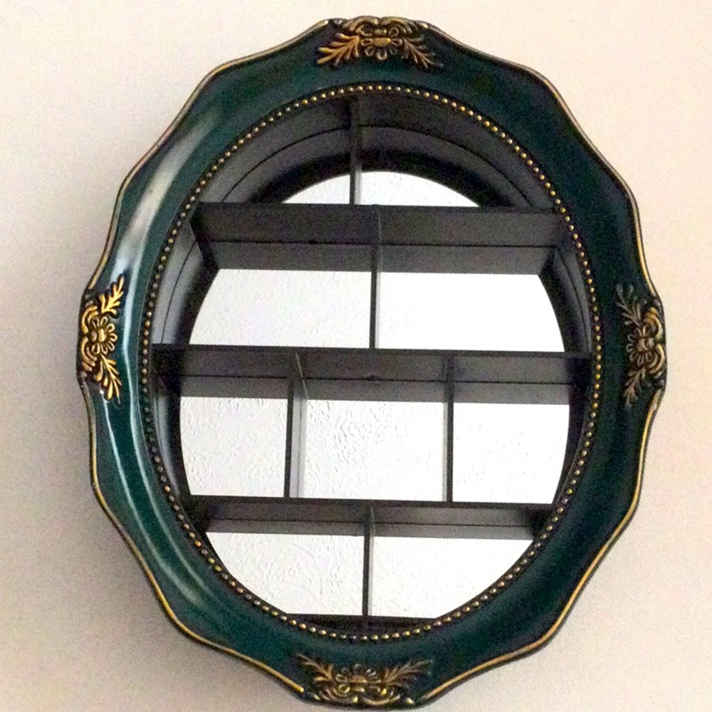 Decorative Dark Green Oval Wall Trinket Shelf with a Mirror Backing Gold Accents